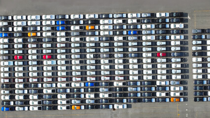 New automobiles background which lined up in the port for import and export business logistic to dealership for sale,Abovel view