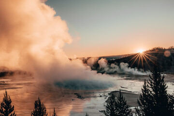 Sunrise over Grand Prismatic Spring in Yellowstone National Park
