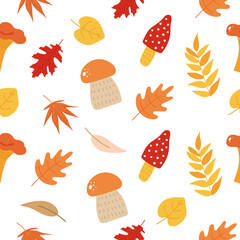 Vector seamless pattern of autumn mushroom, leaves