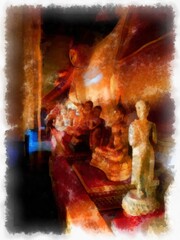 Ancient golden Buddha statue in an ancient church watercolor style illustration impressionist painting.