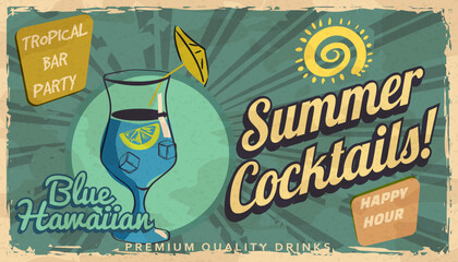 Summer Blue Hawaiian Cocktail Retro banner. Cocktail lounge vintage background, scratched old textured paper