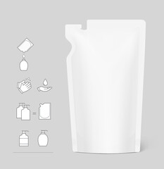 Pouch bag with torn corner. Vector illustration. Perfect for final pack shot. Can be use for refilling soap, liquids. The corner is easy to tear off by hand. EPS10.