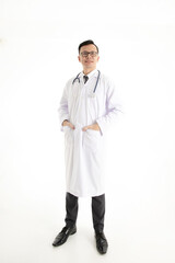 Handsome young Hispanic doctor with stethoscope and a lab coat smiling in a white background