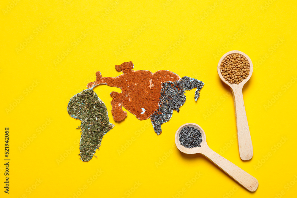 Wall mural Map of world made from different cooking ingredients