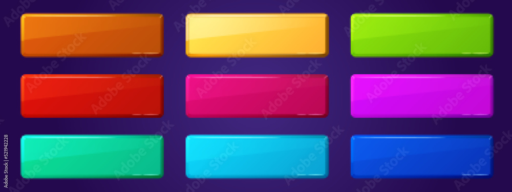 Poster set of game ui app buttons, icons, boards or plaques. cartoon glossy menu interface colorful blocks,