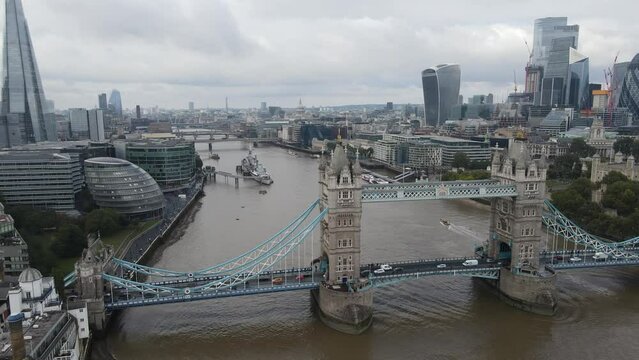 Approach to The Shard from Tower Bridge, over the Thames River
