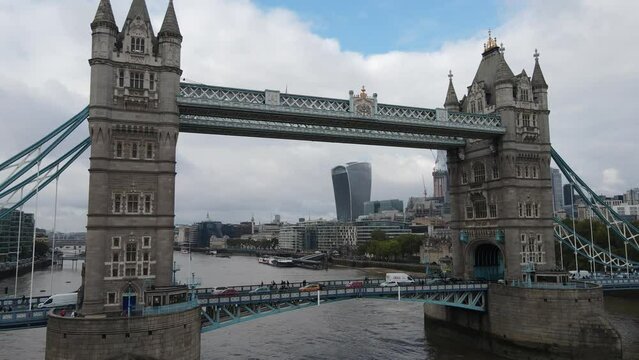Flying backwards on Tower Bridge with a view of the City of London