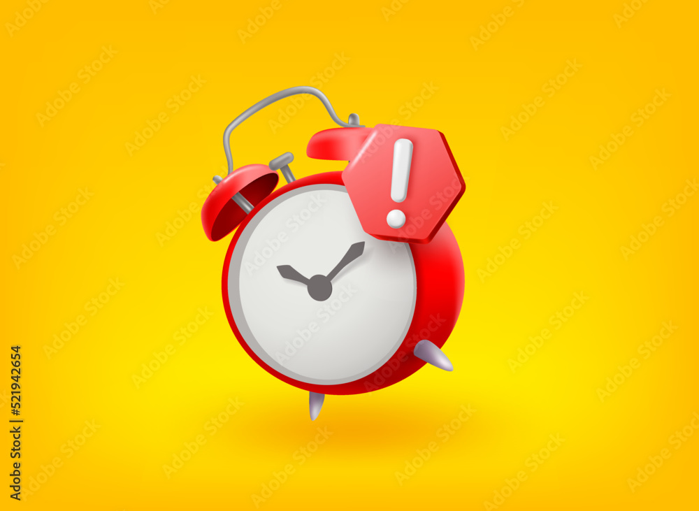 Aufkleber alarm clock with exclamation point. vector 3d illustration
