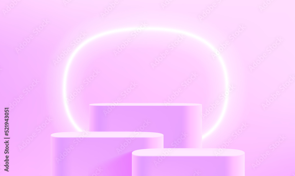 Poster showcase with podium and neon light. 3d vector illustration with copy space