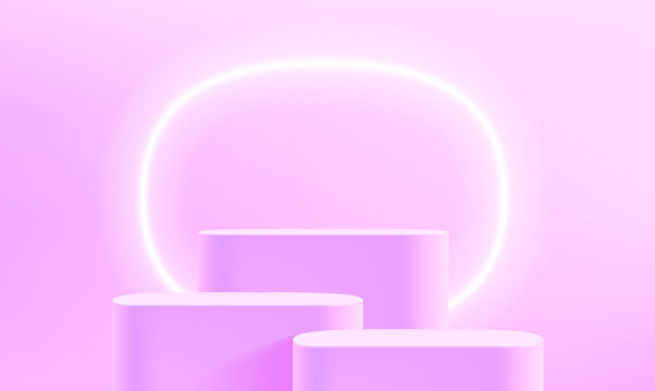 Showcase with podium and neon light. 3d vector illustration with copy space