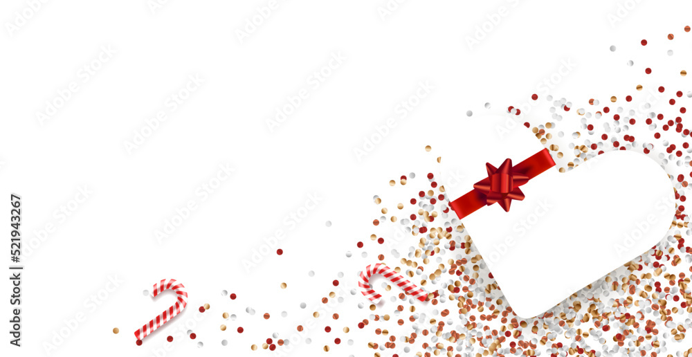 Aufkleber Heart box with red ribbon on a table. Valentines Day card. 3d vector flat lay banner with copy space