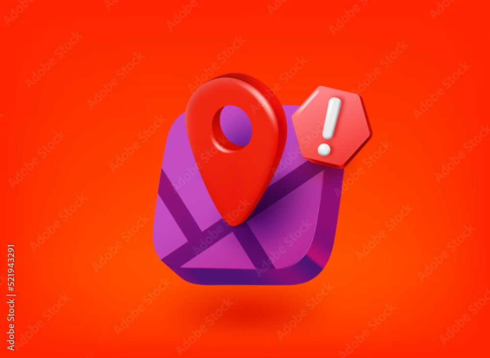 Poster navigation app icon with exclamation point pictogram. vector 3d illustration