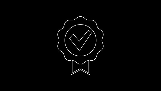 White line Approved or certified medal and check mark icon isolated on black background. 4K Video motion graphic animation