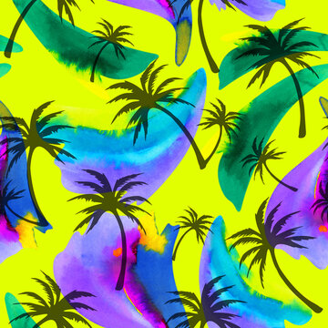 Palm trees silhouettes on abstract watercolor background, seamless tropical pattern