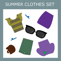 A set of clothes for a little beautiful girl for the summer: skirt, t-shirt, swimsuit, flip flops, shorts, bag, sunglasses. Outfit for a child in summer