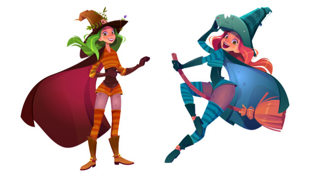 Beautiful young women in witch costumes with cape and hat isolated on white background. Vector cartoon illustration of Halloween characters, magician girls flying on broom