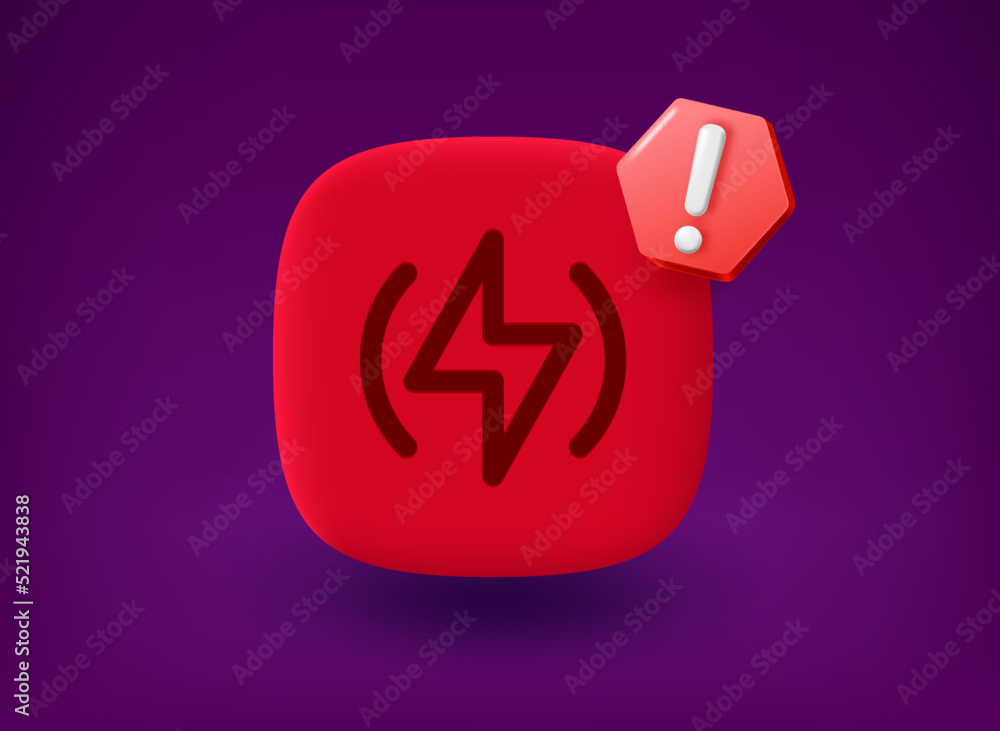 Poster Red button with flash up icon and notice pictogram. 3d vector illustration
