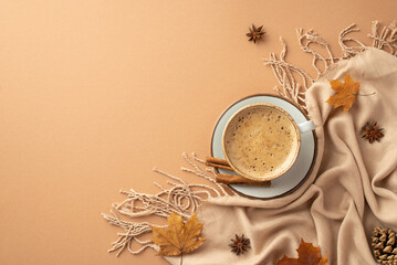 Autumn concept. Top view photo of cup of frothy coffee on saucer cinnamon sticks anise autumn maple leaves pine cone and plaid on isolated beige background