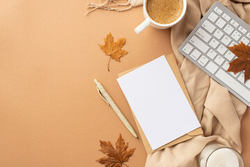 Autumn business concept. Top view photo of paper sheet envelope pen keyboard cup of coffee candle fallen maple leaves and plaid on isolated beige background with empty space