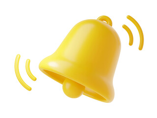 Notification bell icon 3d render - cute cartoon illustration of simple yellow bell for reminder or notice concept. Symbol for attracting attention or to indicate new information and message.