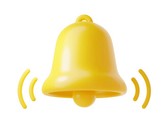 Notification bell icon 3d render - cute cartoon illustration of simple yellow bell for reminder or notice concept. Symbol for attracting attention or to indicate new information and message.