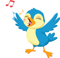 Cartoon Happy blue bird singing on white background