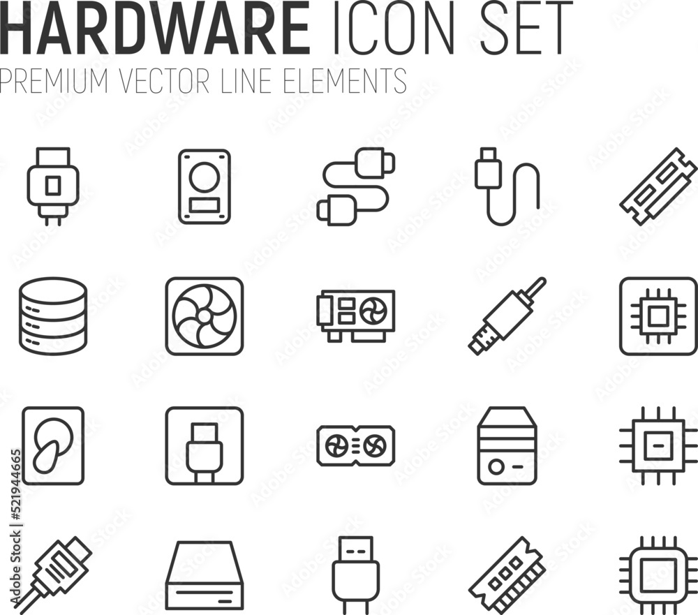 Poster simple line set of hardware icons.