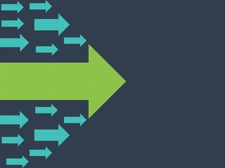 Follow your leader illustration concept. Thick green arrow as leader with all followers in blue arrow. 