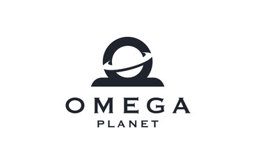 Omega symbol with planet shape logo icon design template flat vector illustration