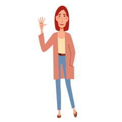 A fashionable skinny girl in casual clothes greets. Friendly greeting of a young woman. Vector illustration in a flat style, isolated on a white background.