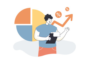 Man analyzing growing statistics flat vector illustration. Employee looking at clipboard and reviewing sales growth. Strategy, finance concept for banner, website design or landing web page