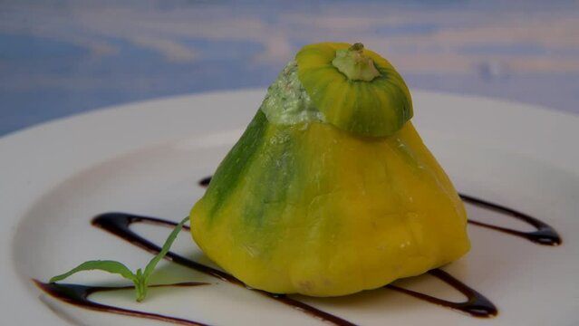 Recipe for mini patissons stuffed with mozarella, basil, tomato and balsamic vinegar on turntable, High quality photo