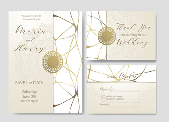 Wedding card design templates with mandala and golden kintsugi design. Luxury background for invitations