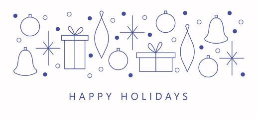 Corporate holiday cards. Happy New Year and Merry Christmas concept. Universal artistic templates. Minimalistic vector design with gift boxes, bells, snowflakes and christmas tree decorations