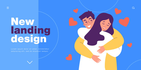 Happy hugs of couple of lovers. Woman and man embracing with smiles on romantic date flat vector illustration. Valentines day, love, romance concept for banner, website design or landing web page