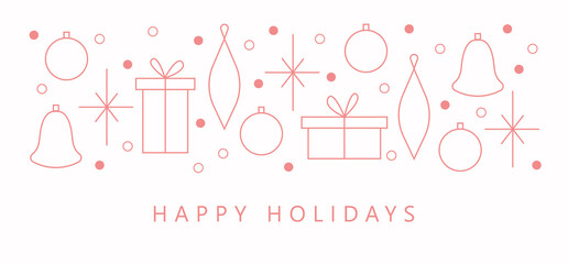 Corporate holiday cards. Happy New Year and Merry Christmas concept. Universal artistic templates. Minimalistic vector design with gift boxes, bells, snowflakes and christmas tree decorations