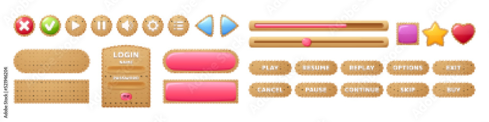 Poster cookie game buttons, menu interface of cracker texture. cartoon window, options, settings plates, ui