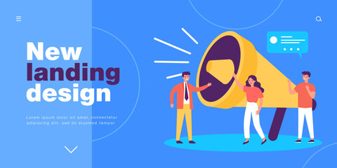 Business people announcing loud message through megaphone. Tiny characters drawing attention to news flat vector illustration. Warning content concept for banner, website design or landing web page