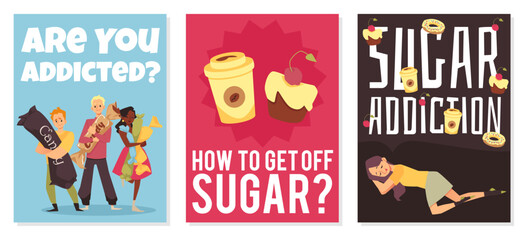Sugar addiction concept of banners or cards, flat vector illustration.