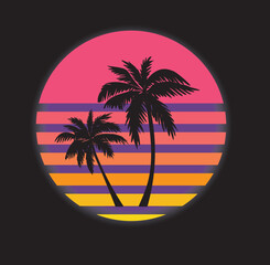 Retrowave illustration of palm trees against the purple 1980's sunset vector icon