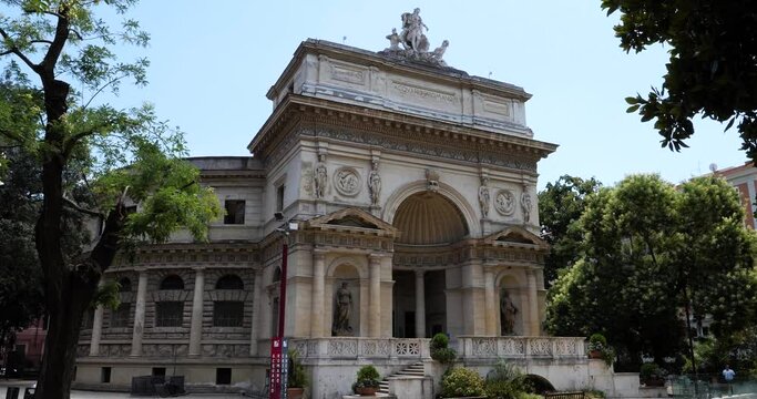 Roman Aquarium has a cylindrical body with an entrance forepart with a niche arch, which is accessed by two symmetrical stairs.Rome, Italy.