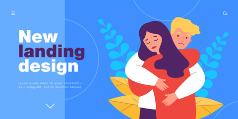 Fototapeta na wymiar Couple of sad people hugging to support each other in grief. Man comforting depressed crying woman flat vector illustration. Relationship, help concept for banner, website design or landing web page