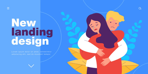 Couple of sad people hugging to support each other in grief. Man comforting depressed crying woman flat vector illustration. Relationship, help concept for banner, website design or landing web page