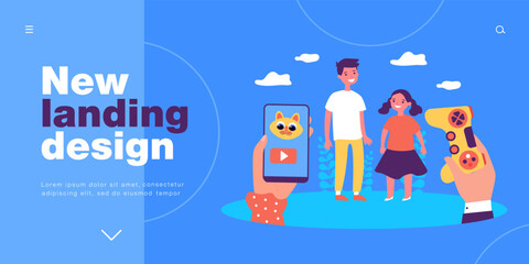 Fototapeta na wymiar Hands of parents giving joystick and mobile phone to tiny kids. Control playing time by man and woman flat vector illustration. Video game concept for banner, website design or landing web page
