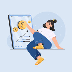 Online passive income concept. Woman getting coins money through mobile phone, earning or making money concept. Vector illustration in flat style.