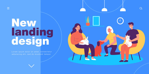 Happy people holding cat and bunny, hugging dog. Male and female owners loving pets flat vector illustration. Leisure, love to animals, adoption concept for banner, website design or landing web page