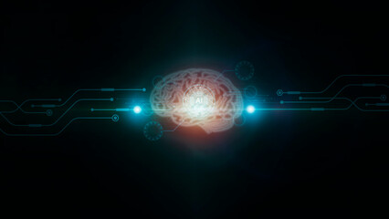 Futuristic design of an artificial intelligence and communications brain with circuit board,  Abstract digital and technology background. Illustration