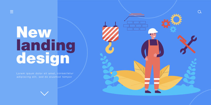 Builder standing with equipment, tools and project document. Tiny man working on construction site flat vector illustration. Building works, job concept for banner, website design or landing web page