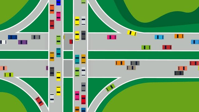 Road junction with many cars top view. Highway and transport. Intersections and overpasses. Vehicles moving on a road or public highway. Stream of heavy traffic. Animated illustration