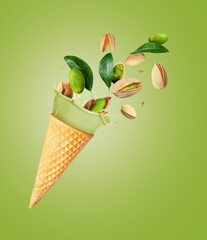 Splashes of ice cream with pistachios on a green background